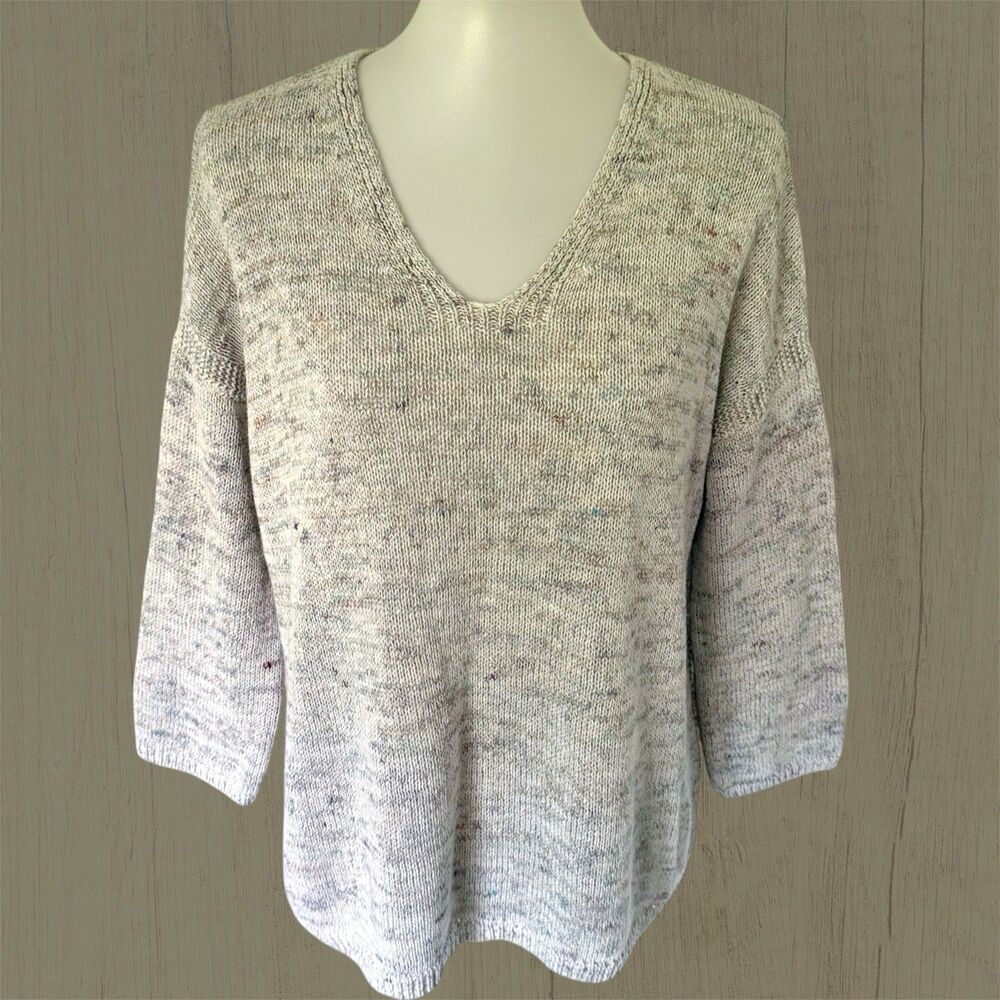 J. Jill Cotton Linen Blend Pullover Sweater Sz M V-Neck 3/4 Sleeve Marled Knit